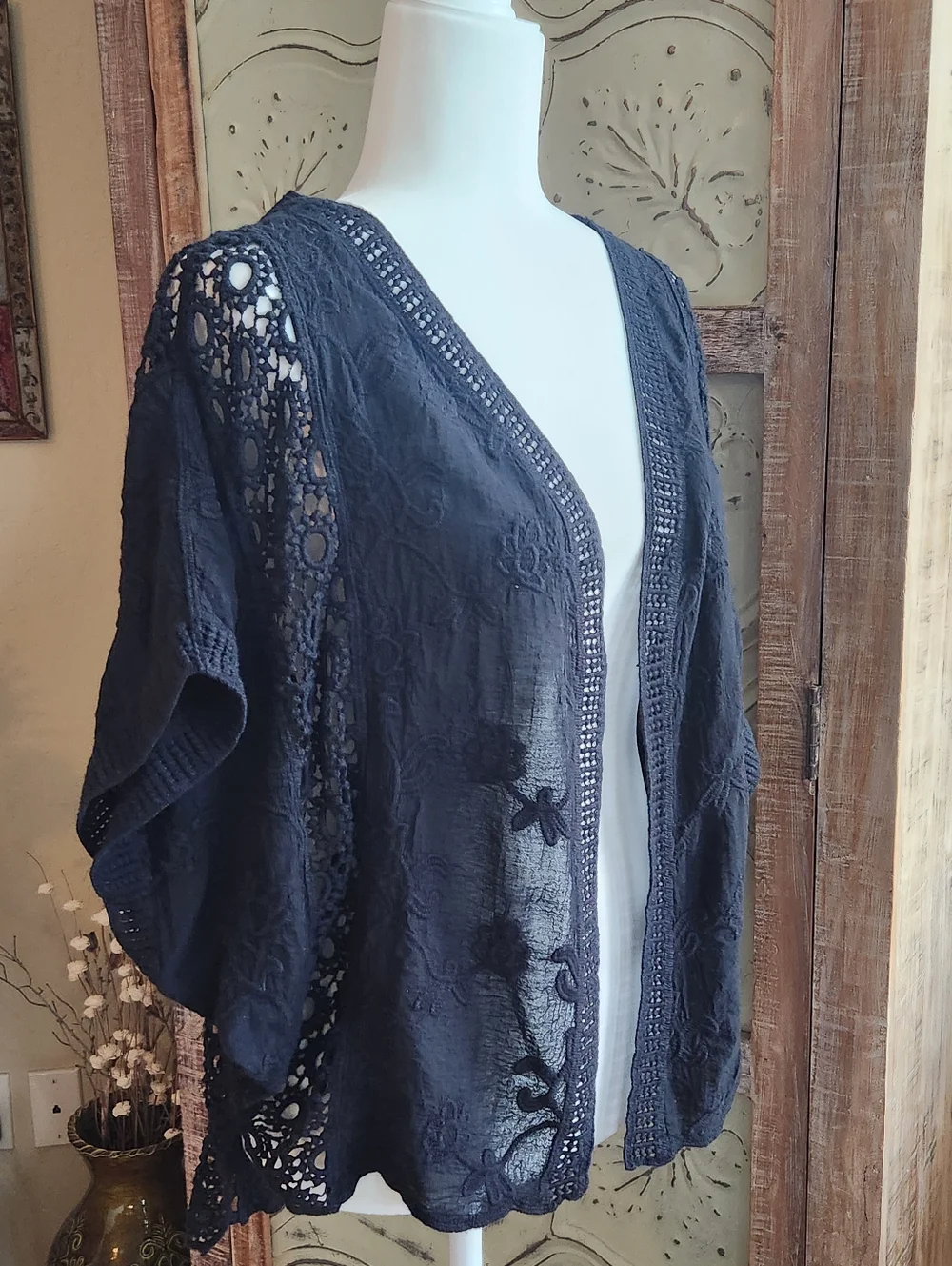 Vince Camuto Embroidered Lace and Crochet Cardigan Shrug Topper